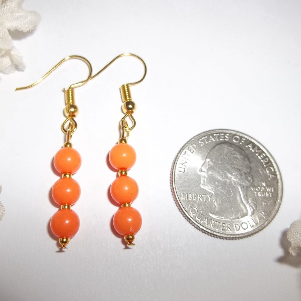 Neon Orange and Gold Earrings Fashion Jewelry Dangle Beaded Handmade Sleek 6772 - Picture 2 of 8